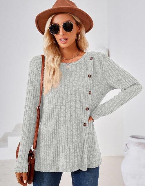 Load image into Gallery viewer, Ribbed Buttoned Round Neck Slit T-Shirt
