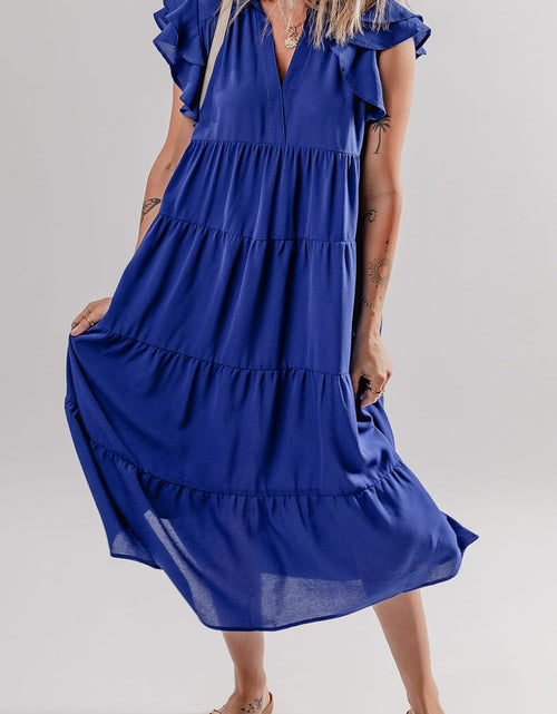 Load image into Gallery viewer, Ruffled Short Sleeve Collared V Neck Tiered Midi Dress
