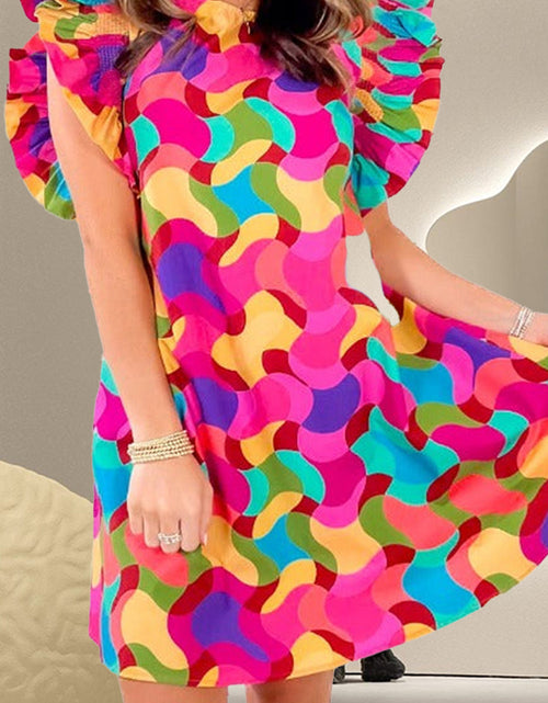 Load image into Gallery viewer, Contrast Print Round Neck Cap Sleeve Mini Dress
