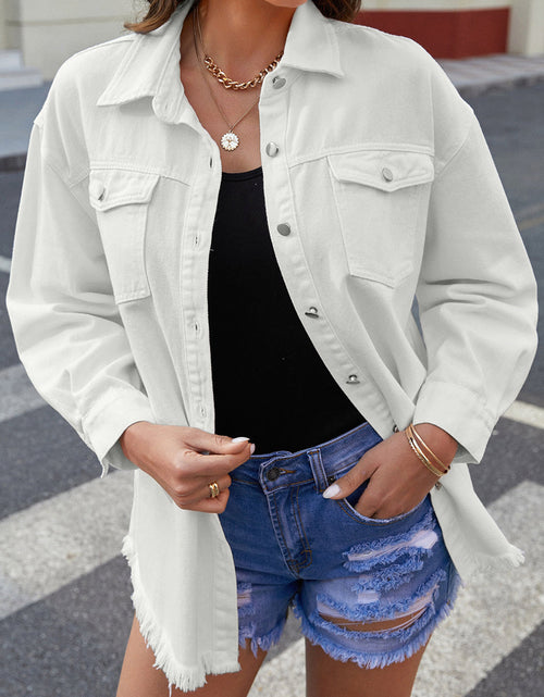 Load image into Gallery viewer, Button Up Pocketed Raw Hem Denim Jacket
