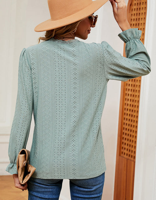 Load image into Gallery viewer, Eyelet V-Neck Flounce Sleeve T-Shirt
