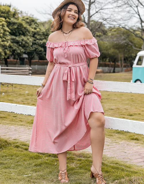 Load image into Gallery viewer, Plus Size Plaid Off-Shoulder Short Sleeve Midi Dress
