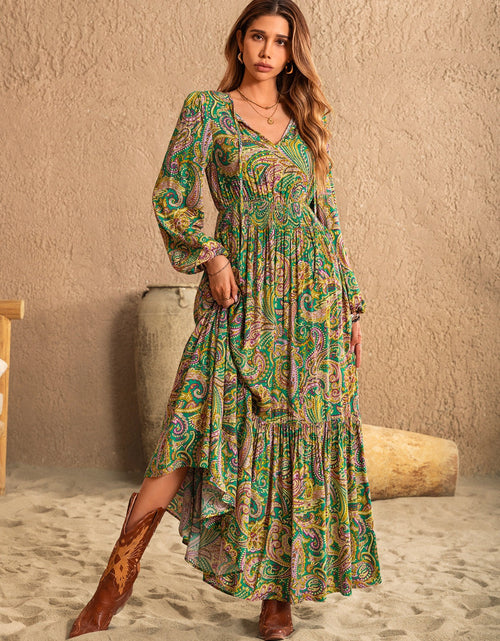 Load image into Gallery viewer, Printed Tie Neck Long Sleeve Dress
