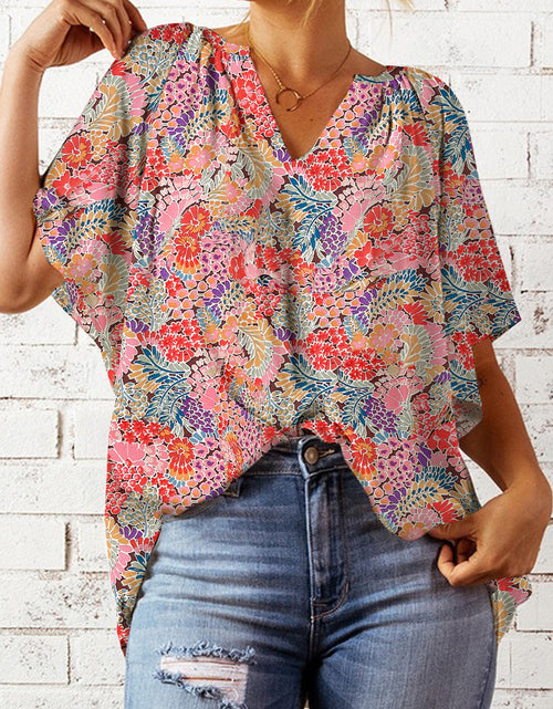 Load image into Gallery viewer, Floral Notched Neck Flutter Sleeve Blouse
