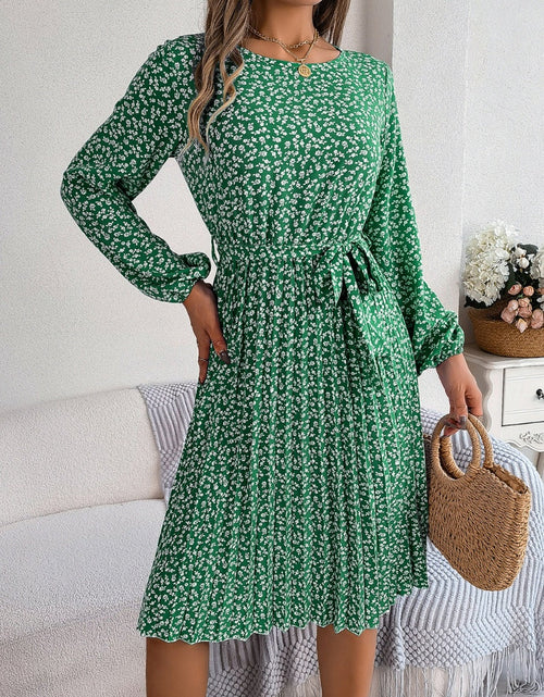 Load image into Gallery viewer, Ditsy Floral Tie Waist Pleated Dress
