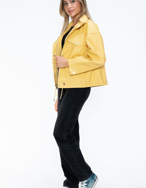 Load image into Gallery viewer, How Dare U Drawstring Hem PU Leather Zip Up Jacket
