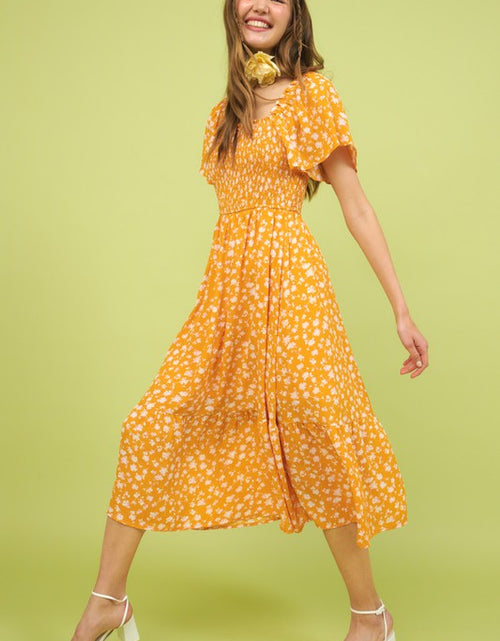 Load image into Gallery viewer, Mittoshop Flower Print Flutter Sleeve Smocked Midi Dress
