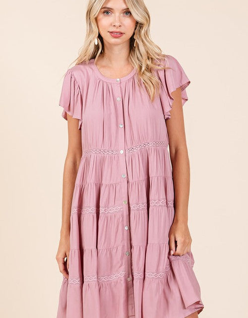 Load image into Gallery viewer, Mittoshop Lace Detail Ruffled Button Down Tiered Dress
