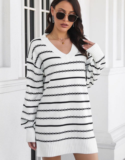 Load image into Gallery viewer, Striped V-Neck Sweater Dress
