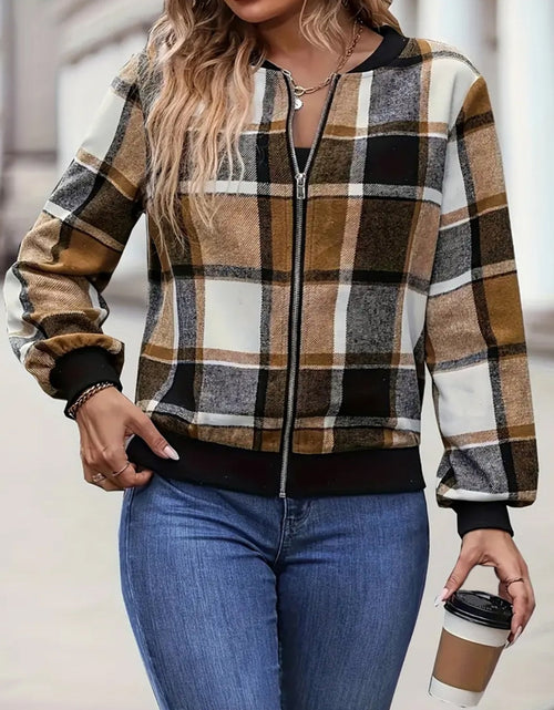 Load image into Gallery viewer, Plus Size Plaid Baseball Collar Zip Up Jacket
