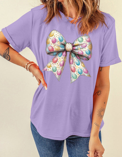 Load image into Gallery viewer, Bow Graphic Round Neck Short Sleeve T-Shirt

