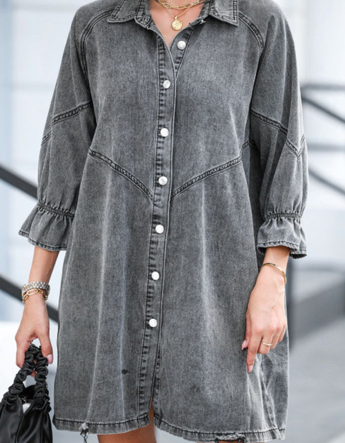 Load image into Gallery viewer, Distressed Collared Neck Flounce Sleeve Denim Dress
