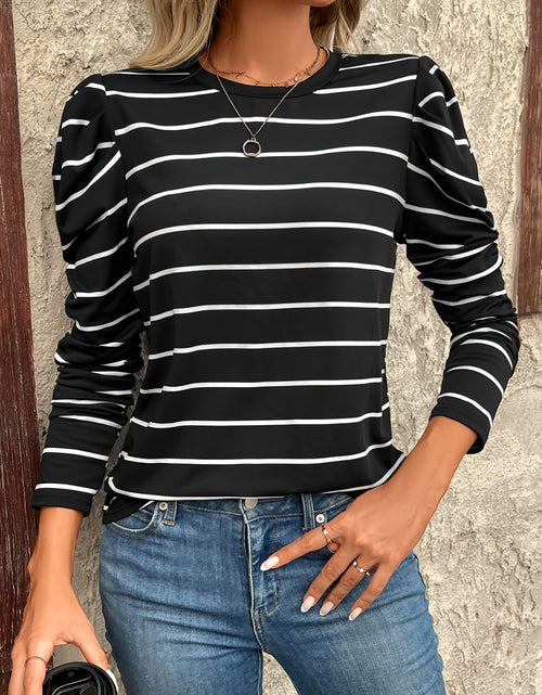 Load image into Gallery viewer, Full Size Striped Round Neck Puff Sleeve T-Shirt
