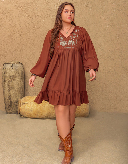 Load image into Gallery viewer, Plus Size Embroidered Tie Neck Balloon Sleeve Mini Dress
