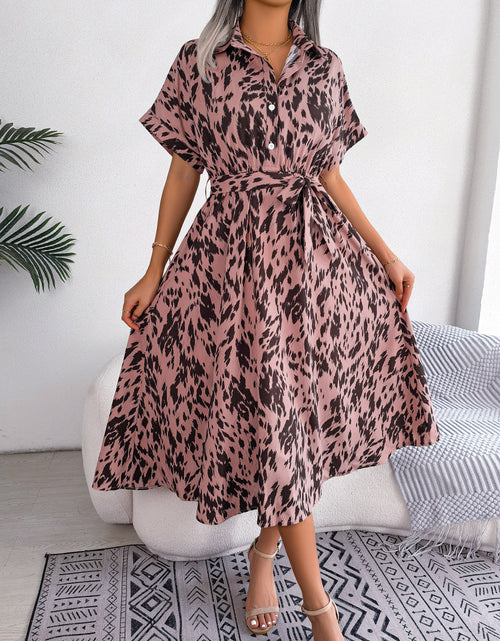 Load image into Gallery viewer, Printed Collared Neck Short Sleeve Tie Waist Dress
