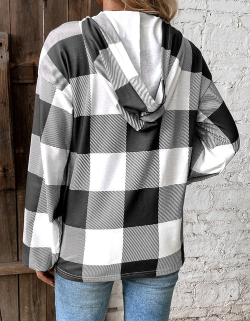 Load image into Gallery viewer, Plaid Dropped Shoulder Long Sleeve Hoodie
