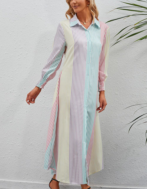 Load image into Gallery viewer, Rainbow Stripe Button-Up Maxi Shirt Dress
