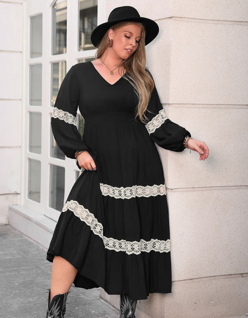 Load image into Gallery viewer, Plus Size Lace Detail V-Neck Long Sleeve Midi Dress
