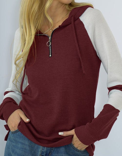Load image into Gallery viewer, Shiny Waffle-Knit Raglan Sleeve Zipper Front Hoody
