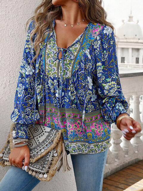 Load image into Gallery viewer, Bohemian Tie Neck Lantern Sleeve Blouse
