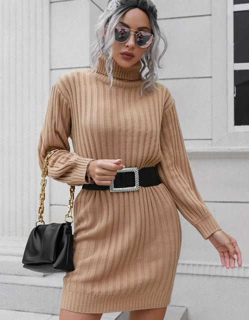 Load image into Gallery viewer, Ribbed Turtle Neck Long Sleeve Mini Sweater Dress
