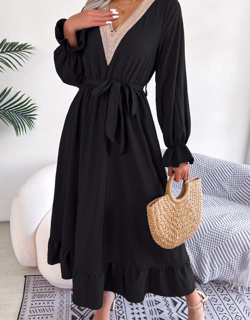 Load image into Gallery viewer, Contrast Belted Flounce Sleeve Dress
