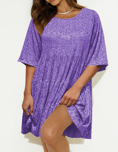 Load image into Gallery viewer, Sequin Round Neck Half Sleeve Mini Dress
