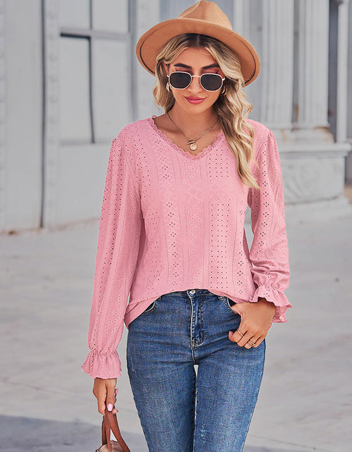 Load image into Gallery viewer, Eyelet V-Neck Flounce Sleeve Blouse
