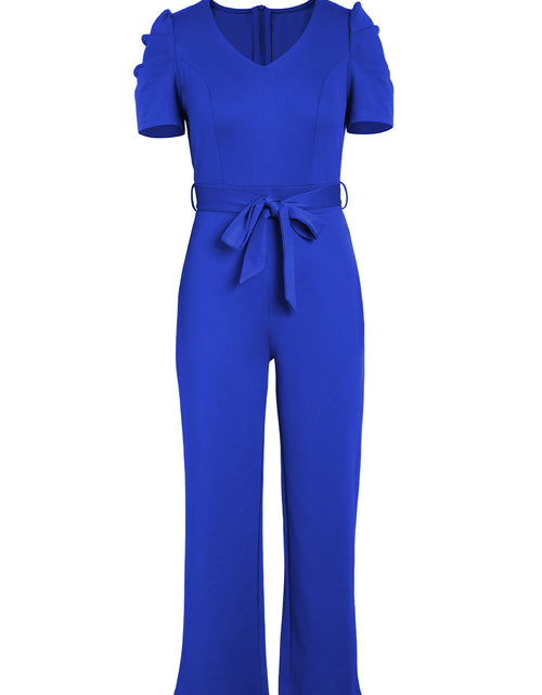 Load image into Gallery viewer, Belted Puff Sleeve V-Neck Jumpsuit

