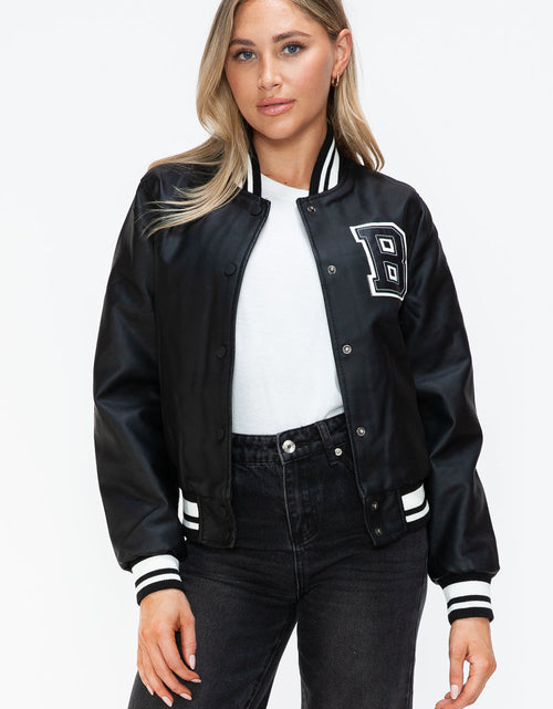 Load image into Gallery viewer, Love Me Now PU Leather Contrast Snap Down Bomber Jacket
