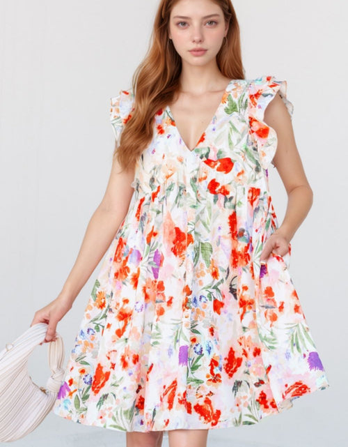 Load image into Gallery viewer, Floral Double Ruffle Sleeve V Neck Mini Dress
