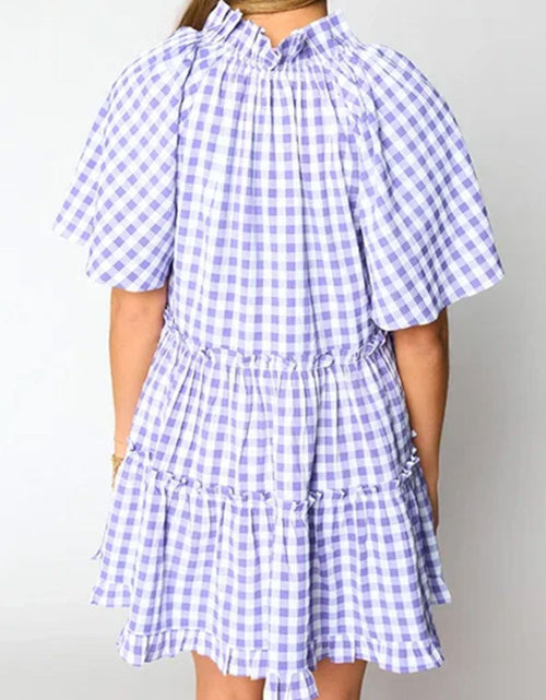 Load image into Gallery viewer, Plaid Tie Neck Short Sleeve Babydoll Mini Dress
