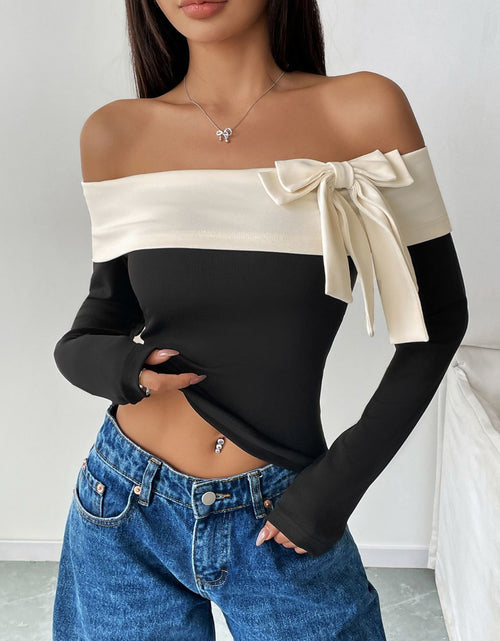 Load image into Gallery viewer, Perfee Bow Contrast Off-Shoulder Long Sleeve Top

