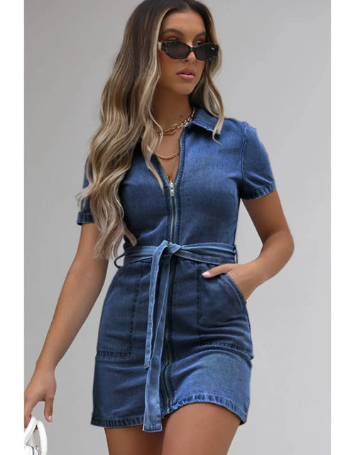 Load image into Gallery viewer, Full Size Zip Front Short Sleeve Denim Dress Plus Size
