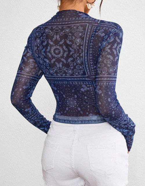 Load image into Gallery viewer, Paisley Mock Neck Long Sleeve Sheer Top
