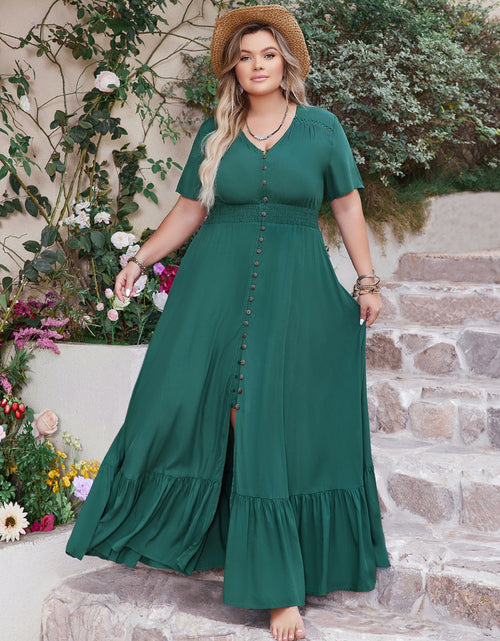 Load image into Gallery viewer, Plus Size Button Detail V-Neck Short Sleeve Maxi Dress
