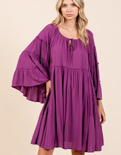 Load image into Gallery viewer, Mittoshop Frill Tie Neck Bell Sleeve Dress
