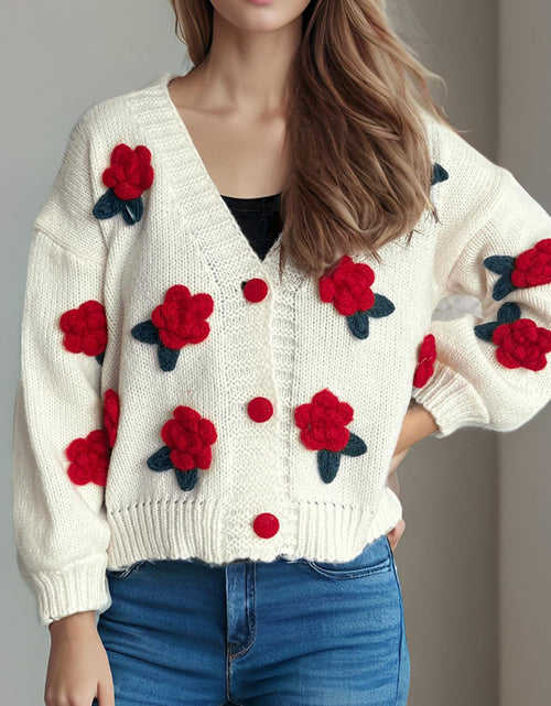 Load image into Gallery viewer, Flower Button Down V-Neck Long Sleeve Cardigan
