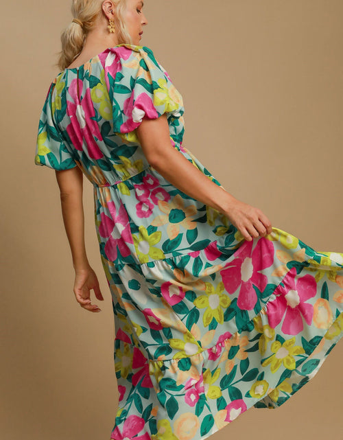 Load image into Gallery viewer, Umgee Full Size Tiered Floral Print Notched Puff Sleeve Midi Dress Plus Size
