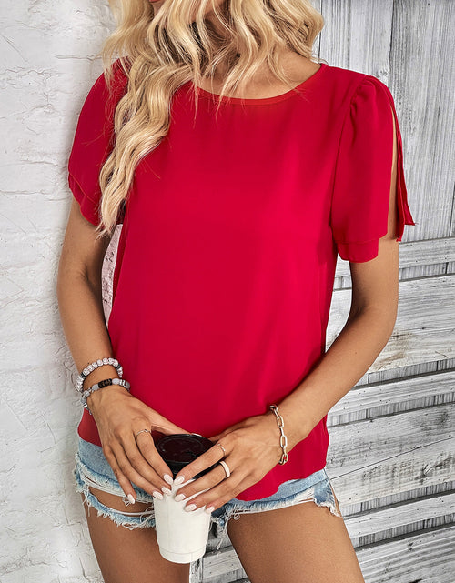 Load image into Gallery viewer, Perfee Round Neck Slit Short Sleeve Top
