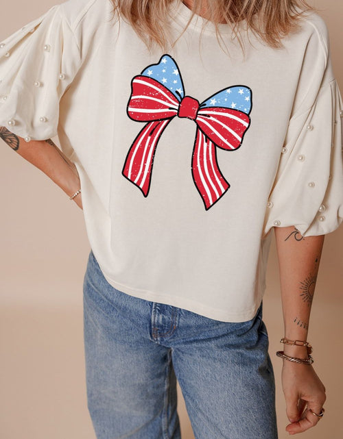 Load image into Gallery viewer, Bowknot Graphic Pearl Puff Half Sleeve T Shirt

