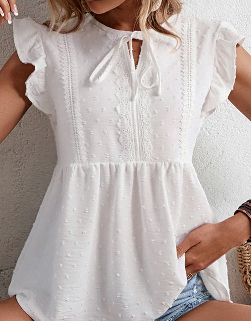 Load image into Gallery viewer, Perfee Swiss Dot Tie-Neck Flutter Sleeve Peplum Blouse
