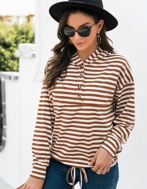 Load image into Gallery viewer, Striped Half-Button Dropped Shoulder Hoodie
