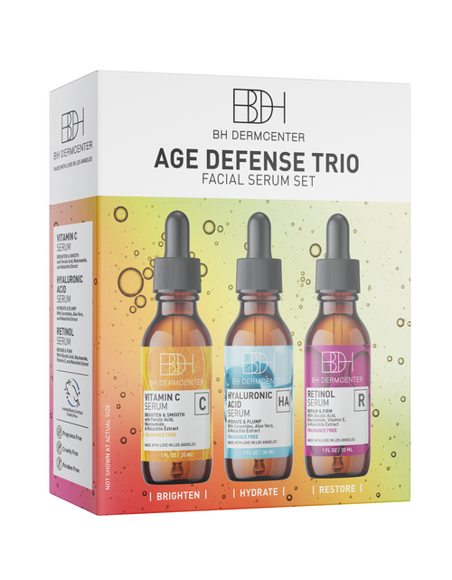 Load image into Gallery viewer, BH Dermcenter Age Defense Trio Anti-Aging Serum Set for Face and Eyes - Vitamin C, Retinol, Hyaluronic Acid Face Serum for Men and Women - 30ml Each - Paraben Free, Cruelty Free by  Los Angeles Brands
