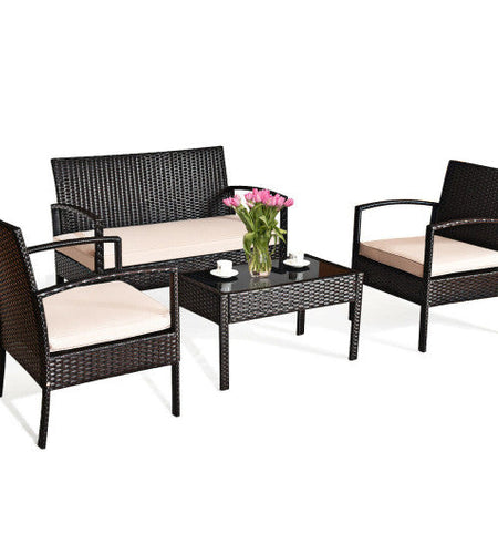 4 Pieces Patio Rattan Conversation Set with Loveseat Sofas and Coffee Table