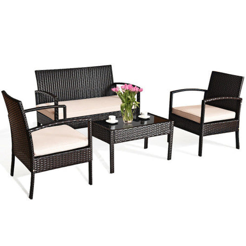 Load image into Gallery viewer, 4 Pieces Patio Rattan Conversation Set with Loveseat Sofas and Coffee Table
