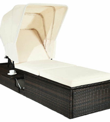 Chaise Cushioned Top Canopy Patio Rattan Lounge Chair with Tea Table