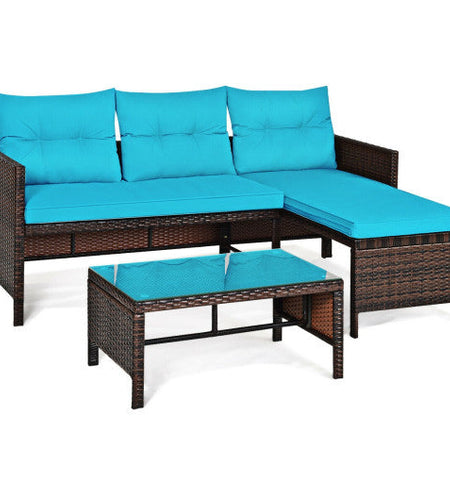 3 Pieces Patio Wicker Rattan Sofa Set-Turquoise