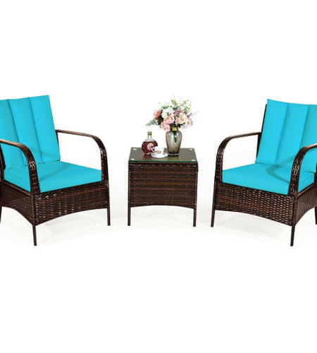 3 Pcs Patio Conversation Rattan Furniture Set with Glass Top Coffee Table and Cushions-Turquoise