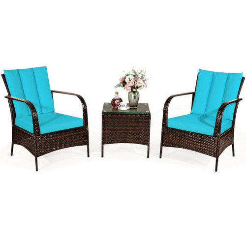 Load image into Gallery viewer, 3 Pcs Patio Conversation Rattan Furniture Set with Glass Top Coffee Table and Cushions-Turquoise
